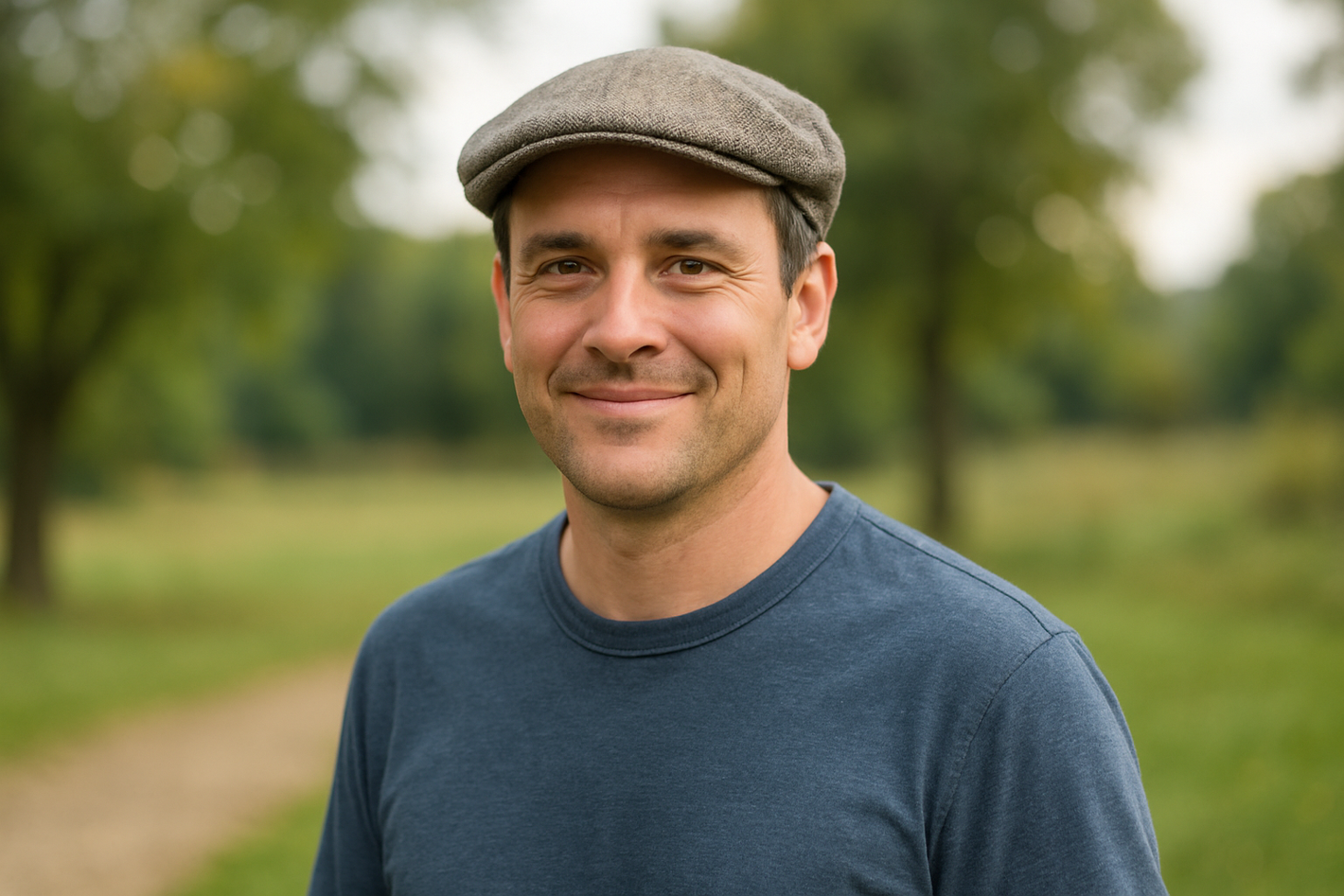 a youger middle aged man with flat cap on outside